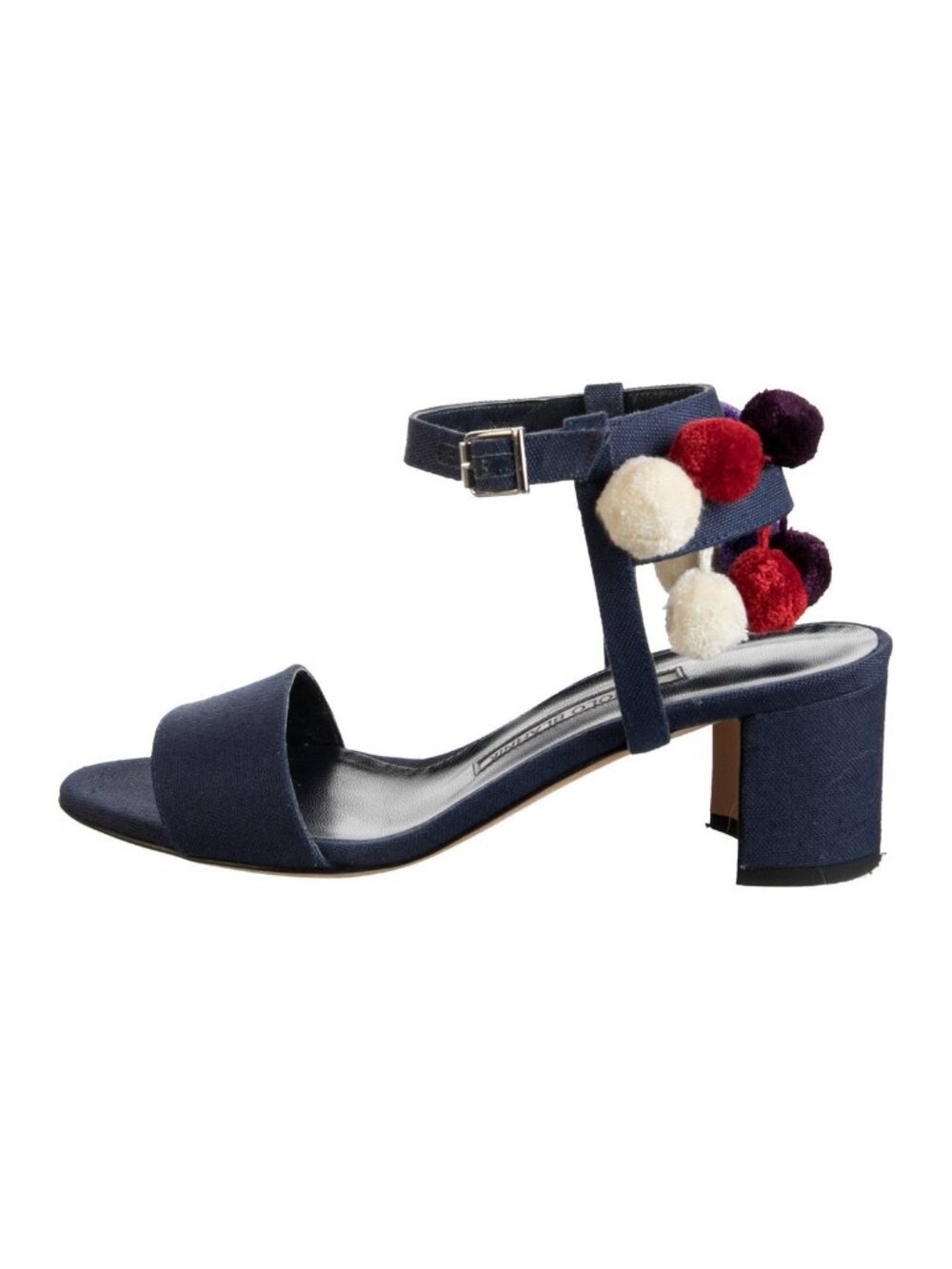 Manolo Blahnik Navy Pom-Pom Embellished Sandals | Size 7